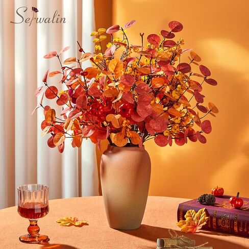 Serwalin 𝟴𝗣𝗖𝗦 Fall Floral Eucalyptus Stems, 19.6" Babys Breath Artificial Flowers, Faux Fall Leaves Stems for Vases Table Centerpiece Arrangement Decor(No Vase) in Saudi Arabia