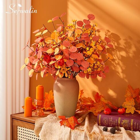 Serwalin 𝟴𝗣𝗖𝗦 Fall Floral Eucalyptus Stems, 19.6" Babys Breath Artificial Flowers, Faux Fall Leaves Stems for Vases Table Centerpiece Arrangement Decor(No Vase) in Saudi Arabia