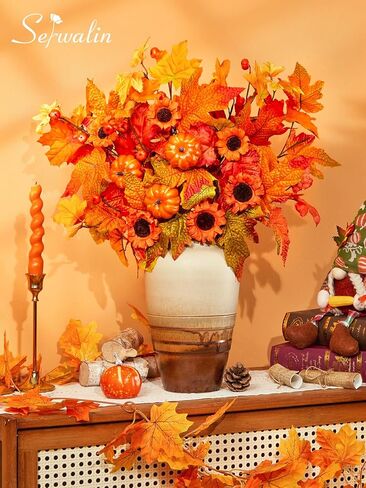 Serwalin 𝟴𝗣𝗖𝗦 سيقان زهور الأوكالبتوس الخريفية، 19.6 بوصة زهور صناعية تتنفس للأطفال، سيقان أوراق الخريف الصناعية للمزهريات ديكور طاولة مركزية (بدون مزهرية) in Kuwait