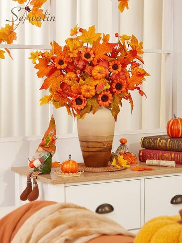 Serwalin 𝟴𝗣𝗖𝗦 سيقان زهور الأوكالبتوس الخريفية، 19.6 بوصة زهور صناعية تتنفس للأطفال، سيقان أوراق الخريف الصناعية للمزهريات ديكور طاولة مركزية (بدون مزهرية) in Kuwait