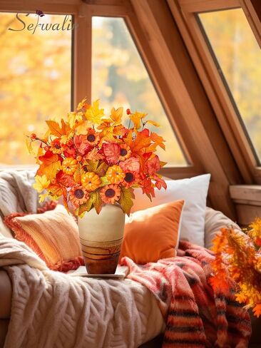 Serwalin 𝟴𝗣𝗖𝗦 سيقان زهور الأوكالبتوس الخريفية، 19.6 بوصة زهور صناعية تتنفس للأطفال، سيقان أوراق الخريف الصناعية للمزهريات ديكور طاولة مركزية (بدون مزهرية) in Kuwait