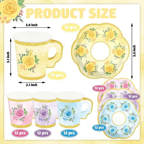 48 Sets Floral Paper Tea Cups and Saucers Disposable Tea Party Supplies Colorful Flower Teacups with Handle and Plates for Hot Cold Drink Wedding Birthday Party Baby Shower in Saudi Arabia