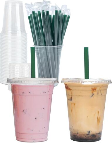 Aatriet 16 oz Clear Plastic Cups with Lids and STRAWS, Disposable Party Cups for To Go Iced Coffee Cold Drinks, Smoothie, Juice, Parfait, Frappuccino, Milkshake. No Leaking Fruit Cup, 25 Sets in Saudi Arabia