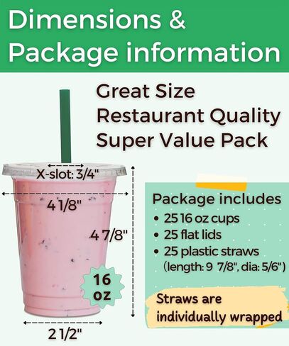 Aatriet 16 oz Clear Plastic Cups with Lids and STRAWS, Disposable Party Cups for To Go Iced Coffee Cold Drinks, Smoothie, Juice, Parfait, Frappuccino, Milkshake. No Leaking Fruit Cup, 25 Sets in Saudi Arabia