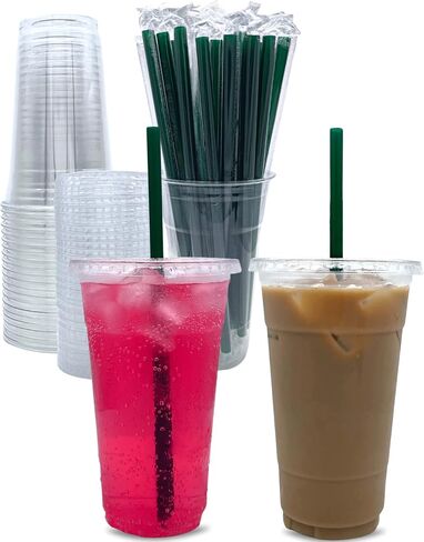 Aatriet 16 oz Clear Plastic Cups with Lids and STRAWS, Disposable Party Cups for To Go Iced Coffee Cold Drinks, Smoothie, Juice, Parfait, Frappuccino, Milkshake. No Leaking Fruit Cup, 25 Sets in Saudi Arabia