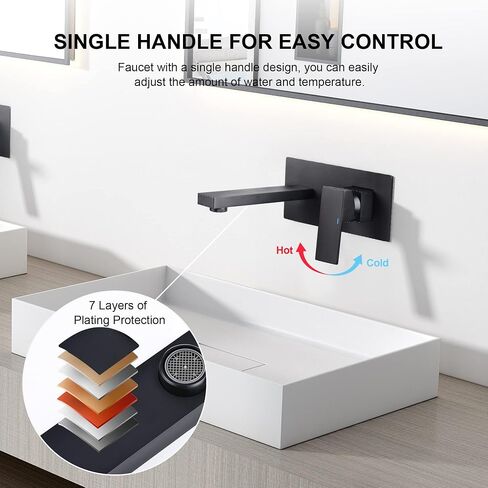 Wall Bathroom Faucet,Solid Brass Wall Mounted Single Handle Sink Faucet,Modern Bathroom Faucets,Wall Mount Faucet with Rough in Valve,Matte Black in Saudi Arabia