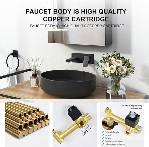 Wall Bathroom Faucet,Solid Brass Wall Mounted Single Handle Sink Faucet,Modern Bathroom Faucets,Wall Mount Faucet with Rough in Valve,Matte Black in Saudi Arabia