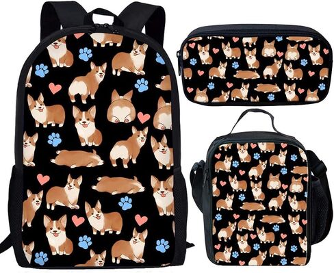 Corgi Print Backpacks for School Elementary Boys Girls 14-16 School Bag Insulated Lunch Box Pencil Case 3 in 1 in Kuwait