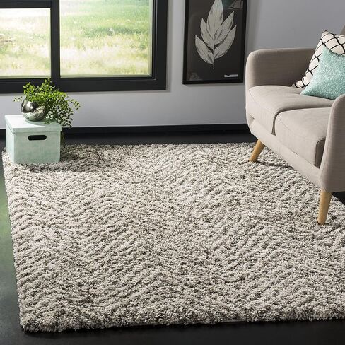 SAFAVIEH Hudson Shag Collection Accent Rug - 4' x 6', Ivory & Grey, Chevron Design, Non-Shedding & Easy Care, 2-inch Thick Ideal for High Traffic Areas in Entryway, Living Room, Bedroom (SGH375A) in Saudi Arabia