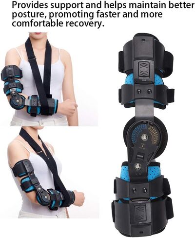 Hinged Elbow Brace,Stainless Steel Adjustable Arm Orthosis Injury Recovery Support,Fixation Sling Orthosis Protector Recovery Support for Right Arm (Blue),Breathable&Comfortable in Saudi Arabia