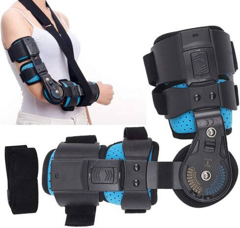 Hinged Elbow Brace,Stainless Steel Adjustable Arm Orthosis Injury Recovery Support,Fixation Sling Orthosis Protector Recovery Support for Right Arm (Blue),Breathable&Comfortable in Saudi Arabia