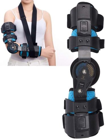 Hinged Elbow Brace,Stainless Steel Adjustable Arm Orthosis Injury Recovery Support,Fixation Sling Orthosis Protector Recovery Support for Right Arm (Blue),Breathable&Comfortable in Saudi Arabia
