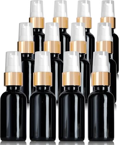 JUVITUS 1 oz / 30 ml Black Glass Luxury Boston Round Bottle with Gold Treatment Pump (12 pack) in Kuwait