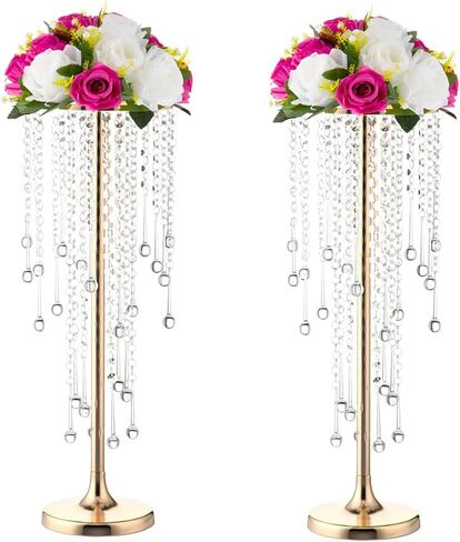 Bigsee 2 Pcs 21.65 inches Crystal Flower Stand Wedding Centerpieces for Tables, Tabletop Gold Metal Flower Arrangement Holder, Elegant Bulk Metal Vases for Reception Party Ceremony Decoration in Saudi Arabia