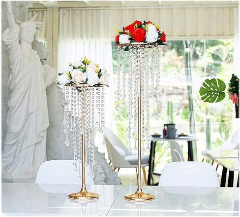 Bigsee 2 Pcs 21.65 inches Crystal Flower Stand Wedding Centerpieces for Tables, Tabletop Gold Metal Flower Arrangement Holder, Elegant Bulk Metal Vases for Reception Party Ceremony Decoration in Saudi Arabia