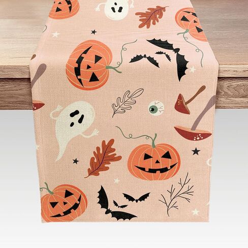 JAWO الهالوين موضوع الجدول عداء، الوردي لطيف شبح اليقطين مضحك نمط الفطر المطبخ الطعام طاولة القهوة الديكور للداخلية في الهواء الطلق ديكور المنزل الطرف (13X72). in Kuwait