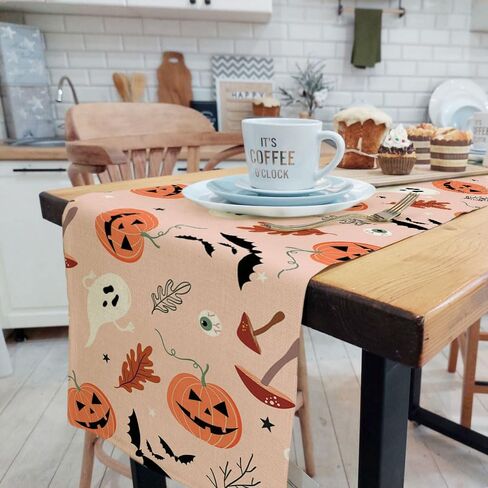 JAWO الهالوين موضوع الجدول عداء، الوردي لطيف شبح اليقطين مضحك نمط الفطر المطبخ الطعام طاولة القهوة الديكور للداخلية في الهواء الطلق ديكور المنزل الطرف (13X72). in Kuwait