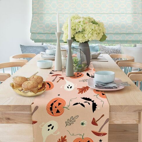 JAWO الهالوين موضوع الجدول عداء، الوردي لطيف شبح اليقطين مضحك نمط الفطر المطبخ الطعام طاولة القهوة الديكور للداخلية في الهواء الطلق ديكور المنزل الطرف (13X72). in Kuwait