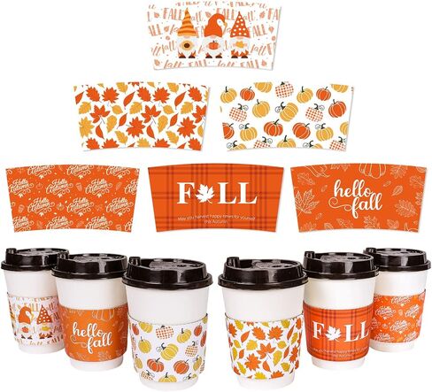 Whaline 60 Pack Fall Coffee Tea Cup Sleeves Autumn Orange Simple Pattern Paper Sleeve for 12 and 16oz Disposable Cup Corrugated Cup Paper Jacket for Hot Chocolate Cocoa or Cold Beverage, 6 Design in Saudi Arabia