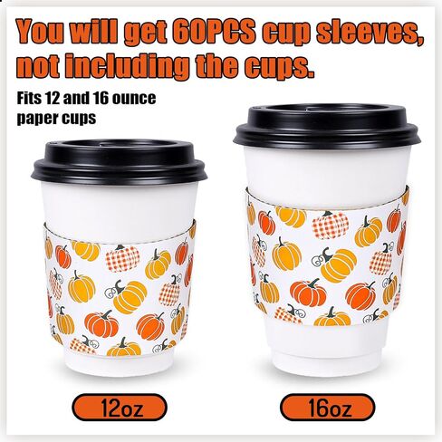 Whaline 60 Pack Fall Coffee Tea Cup Sleeves Autumn Orange Simple Pattern Paper Sleeve for 12 and 16oz Disposable Cup Corrugated Cup Paper Jacket for Hot Chocolate Cocoa or Cold Beverage, 6 Design in Saudi Arabia