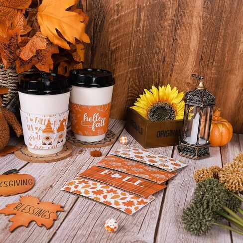 Whaline 60 Pack Fall Coffee Tea Cup Sleeves Autumn Orange Simple Pattern Paper Sleeve for 12 and 16oz Disposable Cup Corrugated Cup Paper Jacket for Hot Chocolate Cocoa or Cold Beverage, 6 Design in Saudi Arabia