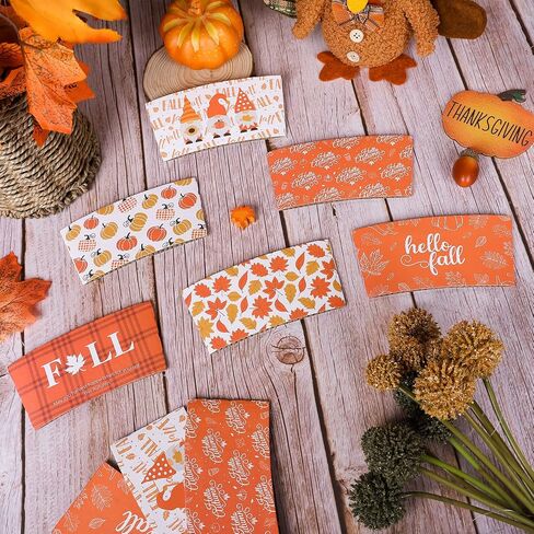 Whaline 60 Pack Fall Coffee Tea Cup Sleeves Autumn Orange Simple Pattern Paper Sleeve for 12 and 16oz Disposable Cup Corrugated Cup Paper Jacket for Hot Chocolate Cocoa or Cold Beverage, 6 Design in Saudi Arabia