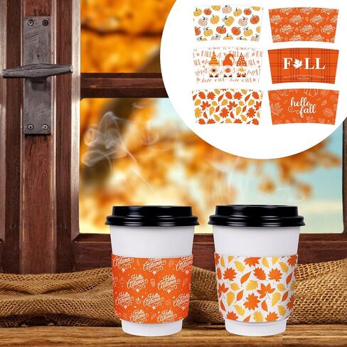 Whaline 60 Pack Fall Coffee Tea Cup Sleeves Autumn Orange Simple Pattern Paper Sleeve for 12 and 16oz Disposable Cup Corrugated Cup Paper Jacket for Hot Chocolate Cocoa or Cold Beverage, 6 Design in Saudi Arabia