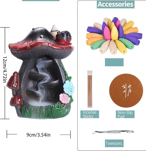 مبخرة بتدفق خلفي من جيسي مشروم مع 30 عصا بخور، ديكور كوخ لطيف حامل بخور شلال 20 مخاريط بخور شلال مطورة، ملاقط، حصيرة مكتب المنزل in Kuwait