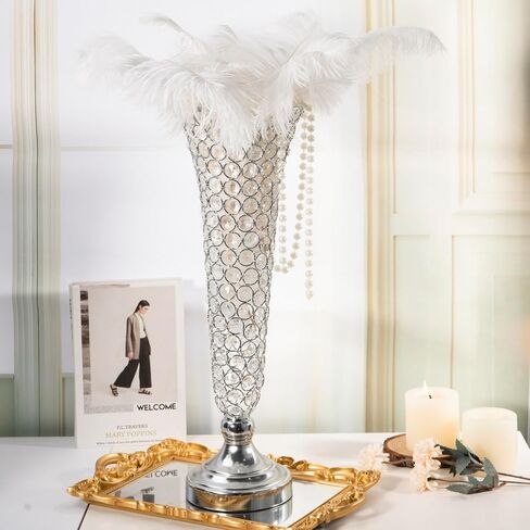 LANLONG Silver Crystal Trumpet Floral Vase for Centerpieces, 20 Inch, Elegant Wedding Flower Stand in Saudi Arabia