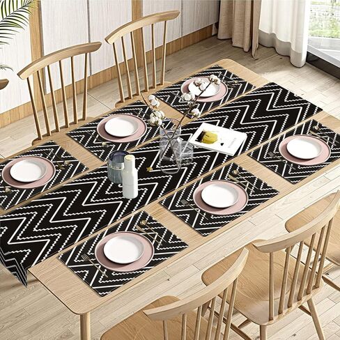 مفرش طاولة ومفارش مجموعة مكونة من 6 قطع، خطوط بيضاء هندسية تجريدية سوداء لتزيين طاولة العطلات للاستخدام اليومي ديكور طاولة الطعام (مفرش طاولة واحد بطول 72 بوصة و6 مفارش) in Kuwait