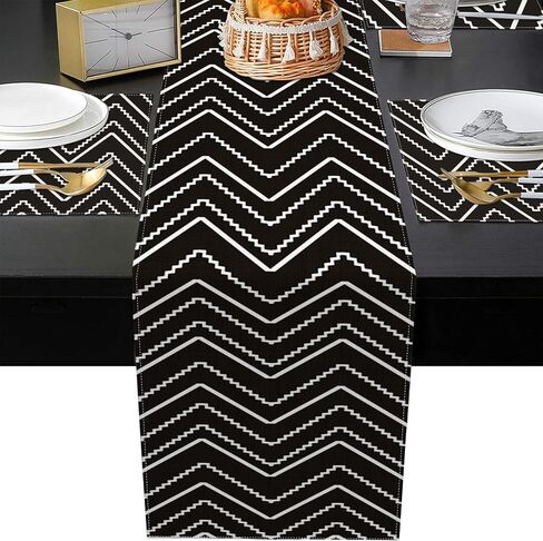 مفرش طاولة ومفارش مجموعة مكونة من 6 قطع، خطوط بيضاء هندسية تجريدية سوداء لتزيين طاولة العطلات للاستخدام اليومي ديكور طاولة الطعام (مفرش طاولة واحد بطول 72 بوصة و6 مفارش) in Kuwait