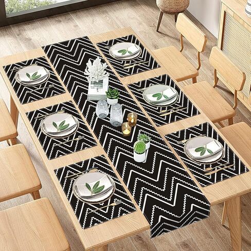 مفرش طاولة ومفارش مجموعة مكونة من 6 قطع، خطوط بيضاء هندسية تجريدية سوداء لتزيين طاولة العطلات للاستخدام اليومي ديكور طاولة الطعام (مفرش طاولة واحد بطول 72 بوصة و6 مفارش) in Kuwait