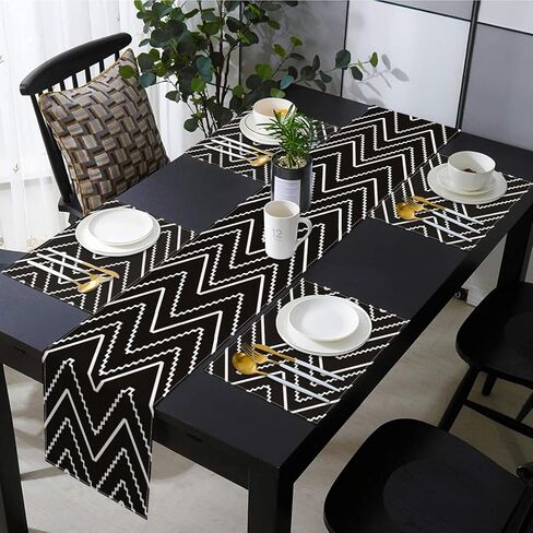 مفرش طاولة ومفارش مجموعة مكونة من 6 قطع، خطوط بيضاء هندسية تجريدية سوداء لتزيين طاولة العطلات للاستخدام اليومي ديكور طاولة الطعام (مفرش طاولة واحد بطول 72 بوصة و6 مفارش) in Kuwait
