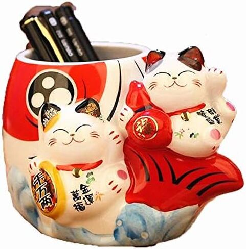 EatingBiting Fortune Japanese Lucky Beckoning Cats Maneki Neko Flower Pot Vase حامل القلم، زوج القط مجموعة على الأسماك، حامل قلم رصاص من السيراميك لتنظيم أواني الطبخ حامل وعاء الصبار in Kuwait