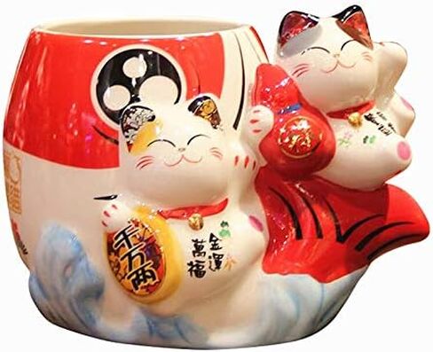EatingBiting Fortune Japanese Lucky Beckoning Cats Maneki Neko Flower Pot Vase حامل القلم، زوج القط مجموعة على الأسماك، حامل قلم رصاص من السيراميك لتنظيم أواني الطبخ حامل وعاء الصبار in Kuwait