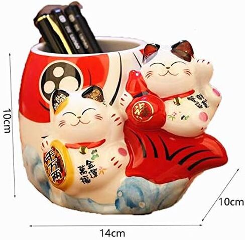 EatingBiting Fortune Japanese Lucky Beckoning Cats Maneki Neko Flower Pot Vase حامل القلم، زوج القط مجموعة على الأسماك، حامل قلم رصاص من السيراميك لتنظيم أواني الطبخ حامل وعاء الصبار in Kuwait
