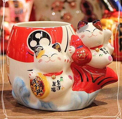 EatingBiting Fortune Japanese Lucky Beckoning Cats Maneki Neko Flower Pot Vase حامل القلم، زوج القط مجموعة على الأسماك، حامل قلم رصاص من السيراميك لتنظيم أواني الطبخ حامل وعاء الصبار in Kuwait