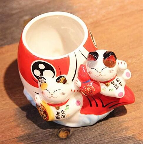 EatingBiting Fortune Japanese Lucky Beckoning Cats Maneki Neko Flower Pot Vase حامل القلم، زوج القط مجموعة على الأسماك، حامل قلم رصاص من السيراميك لتنظيم أواني الطبخ حامل وعاء الصبار in Kuwait