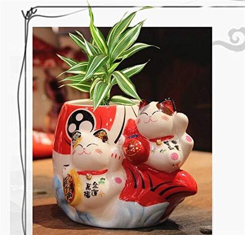 EatingBiting Fortune Japanese Lucky Beckoning Cats Maneki Neko Flower Pot Vase حامل القلم، زوج القط مجموعة على الأسماك، حامل قلم رصاص من السيراميك لتنظيم أواني الطبخ حامل وعاء الصبار in Kuwait
