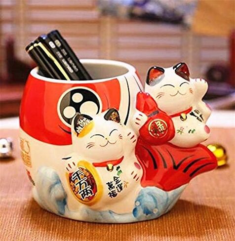 EatingBiting Fortune Japanese Lucky Beckoning Cats Maneki Neko Flower Pot Vase حامل القلم، زوج القط مجموعة على الأسماك، حامل قلم رصاص من السيراميك لتنظيم أواني الطبخ حامل وعاء الصبار in Kuwait