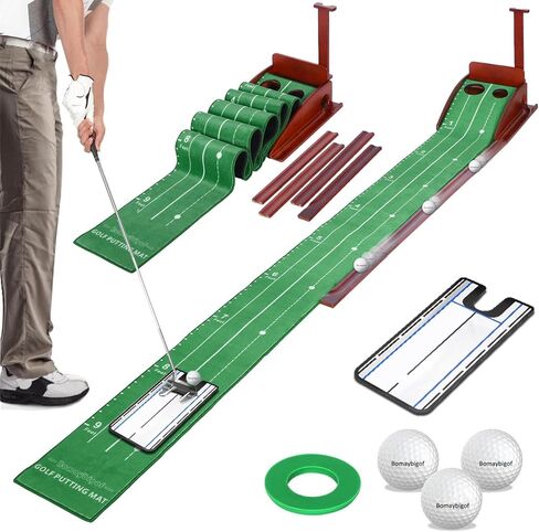 Golf Putting Green Mat Practice Indoor - Training Putting Matt with 3 Golf Balls & 3 Holes Putting Mats Wooden Pole Auto Ball Return Golf Mats for Mini Games Practicing at Home Office Backyard Balcony in Saudi Arabia