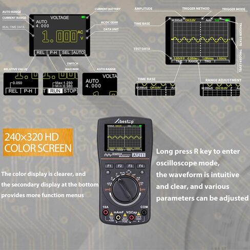 Abestop AT211 Oscilloscope Multimeter 2 in1 Oscilloscope 1MHz Bandwidth 2.5Msps Sampling Rate Meter Function AC/DC Current/Voltage Tester in Saudi Arabia