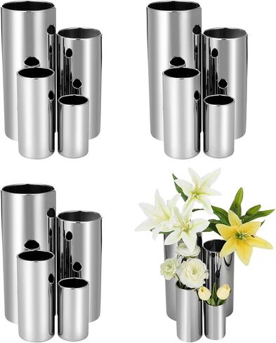 12 قطعة من المزهريات الأسطوانية الزجاجية الفضية للقطع المركزية لحفلات الزفاف مقاس 4 بوصة و6 بوصة و8 بوصة و10 بوصة مزهرية طويلة مزخرفة على شكل إعصار مزهرية دائرية حاملات شموع عائمة لطاولة ديكور المنزل الذكرى السنوية in Kuwait