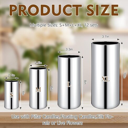 12 قطعة من المزهريات الأسطوانية الزجاجية الفضية للقطع المركزية لحفلات الزفاف مقاس 4 بوصة و6 بوصة و8 بوصة و10 بوصة مزهرية طويلة مزخرفة على شكل إعصار مزهرية دائرية حاملات شموع عائمة لطاولة ديكور المنزل الذكرى السنوية in Kuwait