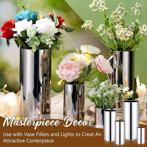 12 قطعة من المزهريات الأسطوانية الزجاجية الفضية للقطع المركزية لحفلات الزفاف مقاس 4 بوصة و6 بوصة و8 بوصة و10 بوصة مزهرية طويلة مزخرفة على شكل إعصار مزهرية دائرية حاملات شموع عائمة لطاولة ديكور المنزل الذكرى السنوية in Kuwait
