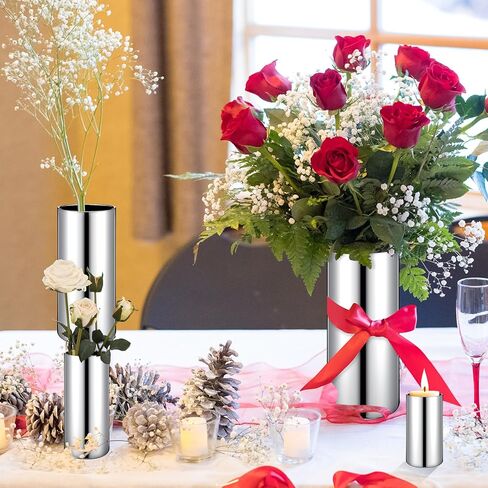 12 قطعة من المزهريات الأسطوانية الزجاجية الفضية للقطع المركزية لحفلات الزفاف مقاس 4 بوصة و6 بوصة و8 بوصة و10 بوصة مزهرية طويلة مزخرفة على شكل إعصار مزهرية دائرية حاملات شموع عائمة لطاولة ديكور المنزل الذكرى السنوية in Kuwait