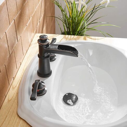 8 Inch Bathroom Sink Faucet Brushed Nickel Waterfall Two-Handles Widespread 3 Hole with Pop Up Drain Stopper Bath Vanity Faucets & Parts Commercial Lavatory Supply Hose Lead-Free in Saudi Arabia