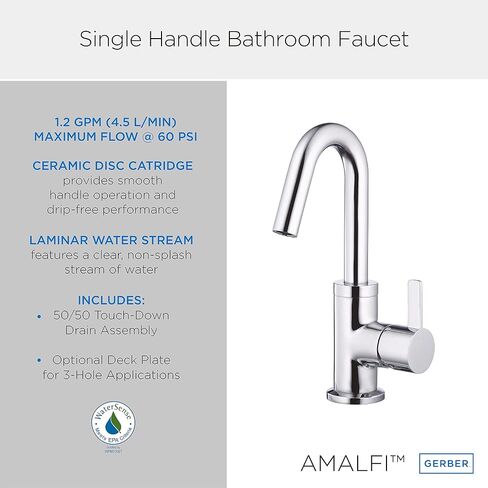 Gerber D222530 Amalfi Single Handle Bathroom Faucet with Metal Touch-Down Drain, Chrome in Saudi Arabia