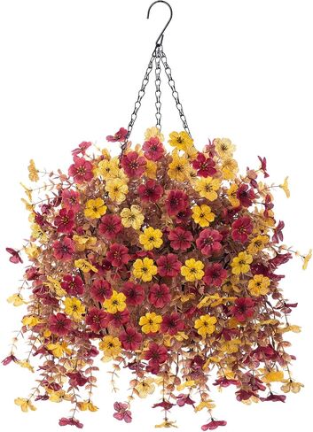 Autumn Artificial Fake Hanging Flowers Plants with Basket Fall Outdoor Decor,Faux Silk Colorful Daisy in Planter Boxwood No Fade Plastic Shrubs Decor Farmhouse Home Garden Thanksgiving(Yellow Brown) in Kuwait
