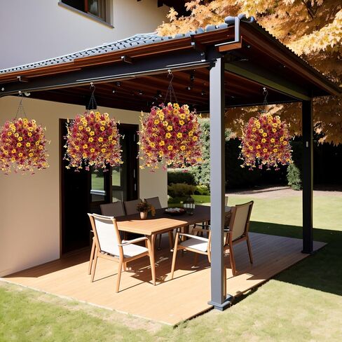 Autumn Artificial Fake Hanging Flowers Plants with Basket Fall Outdoor Decor,Faux Silk Colorful Daisy in Planter Boxwood No Fade Plastic Shrubs Decor Farmhouse Home Garden Thanksgiving(Yellow Brown) in Kuwait